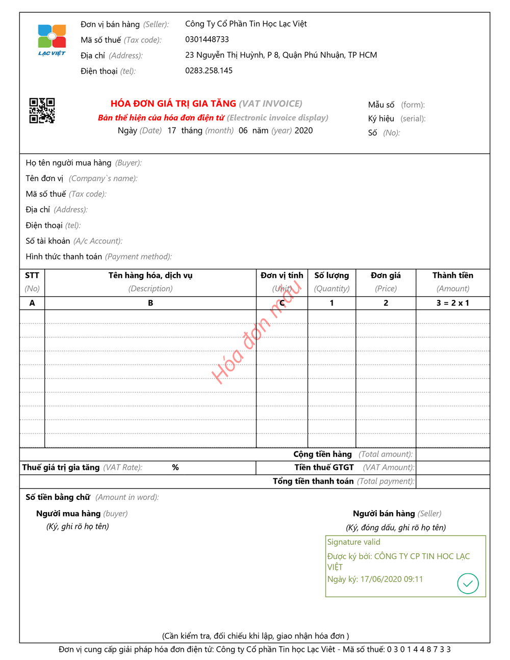 mẫu Invoice Lạc Việt