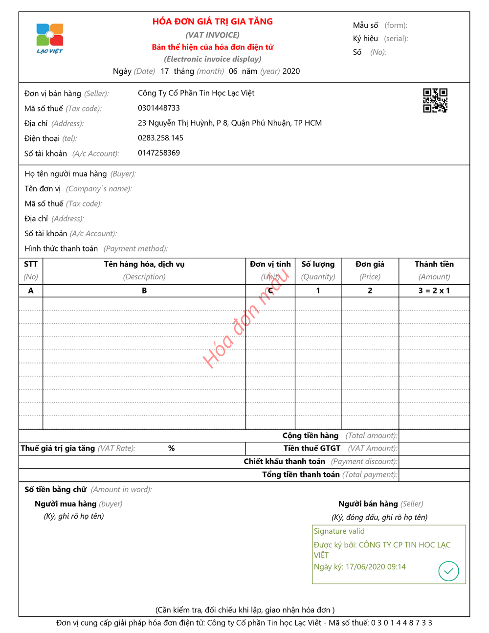 mẫu Invoice Lạc Việt