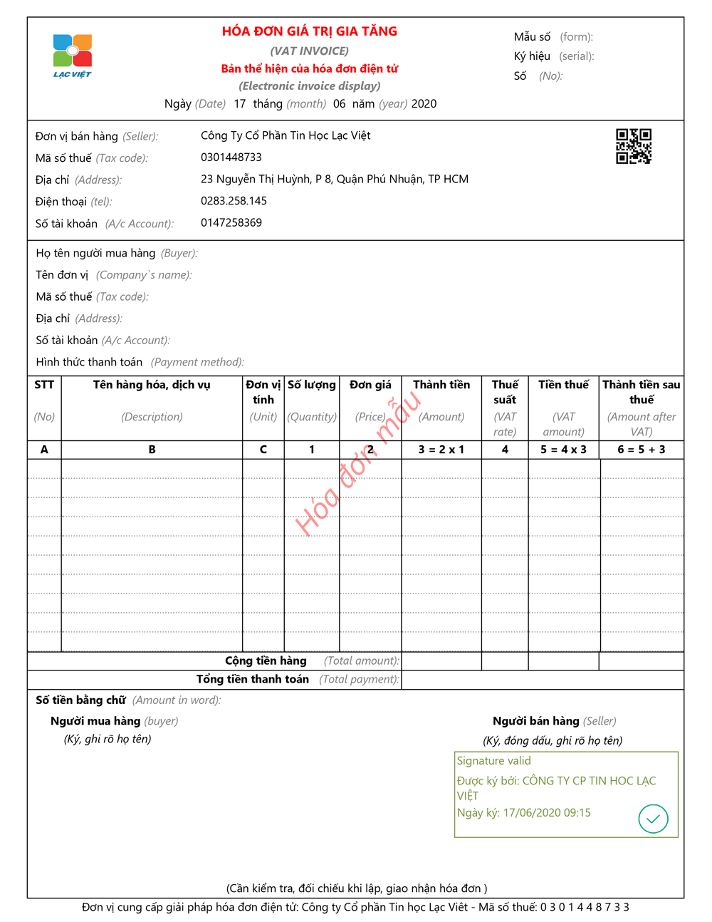 mẫu Invoice Lạc Việt