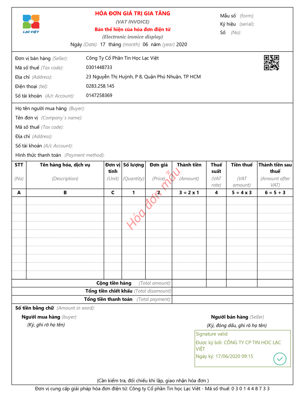 mẫu Invoice Lạc Việt