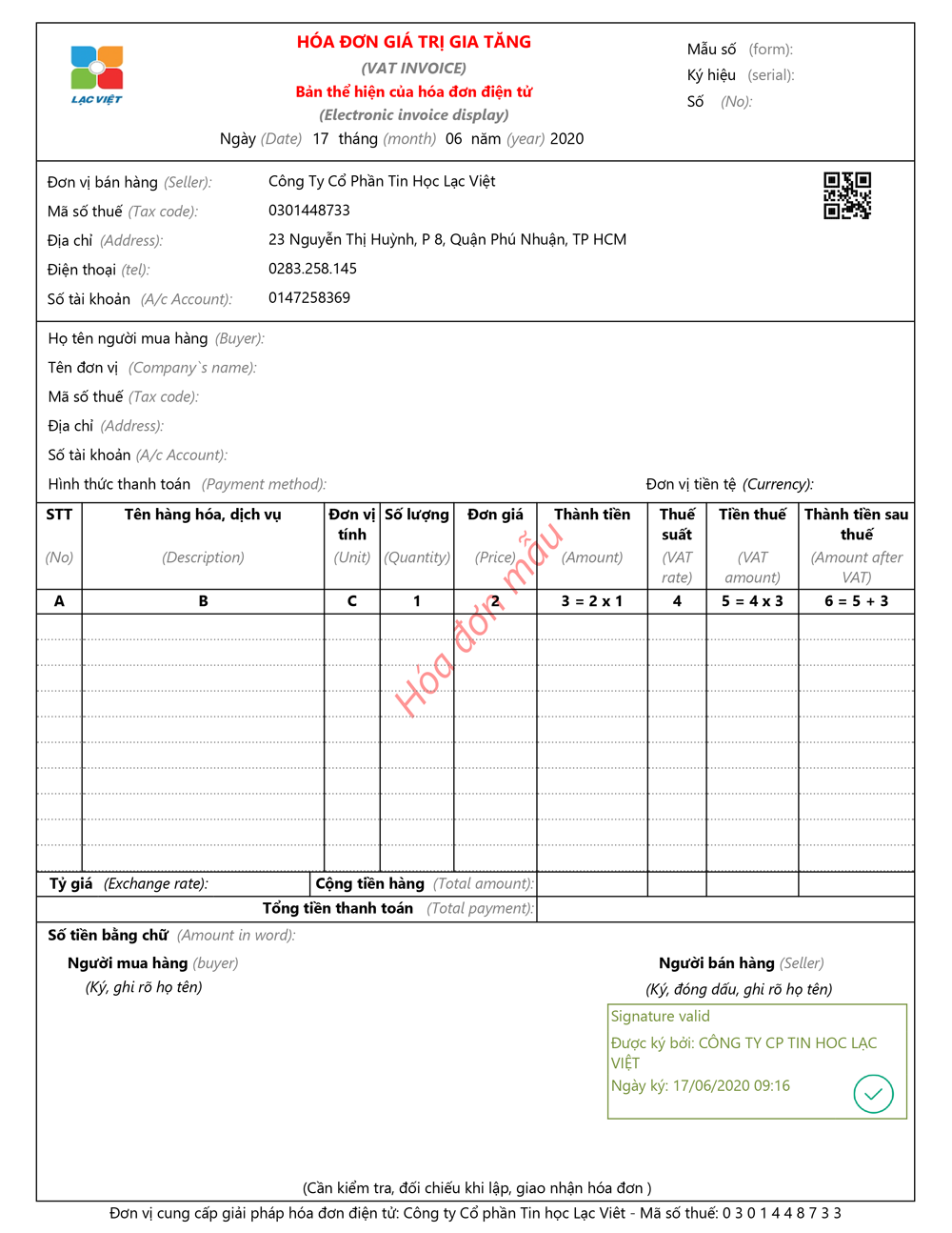 mẫu Invoice Lạc Việt