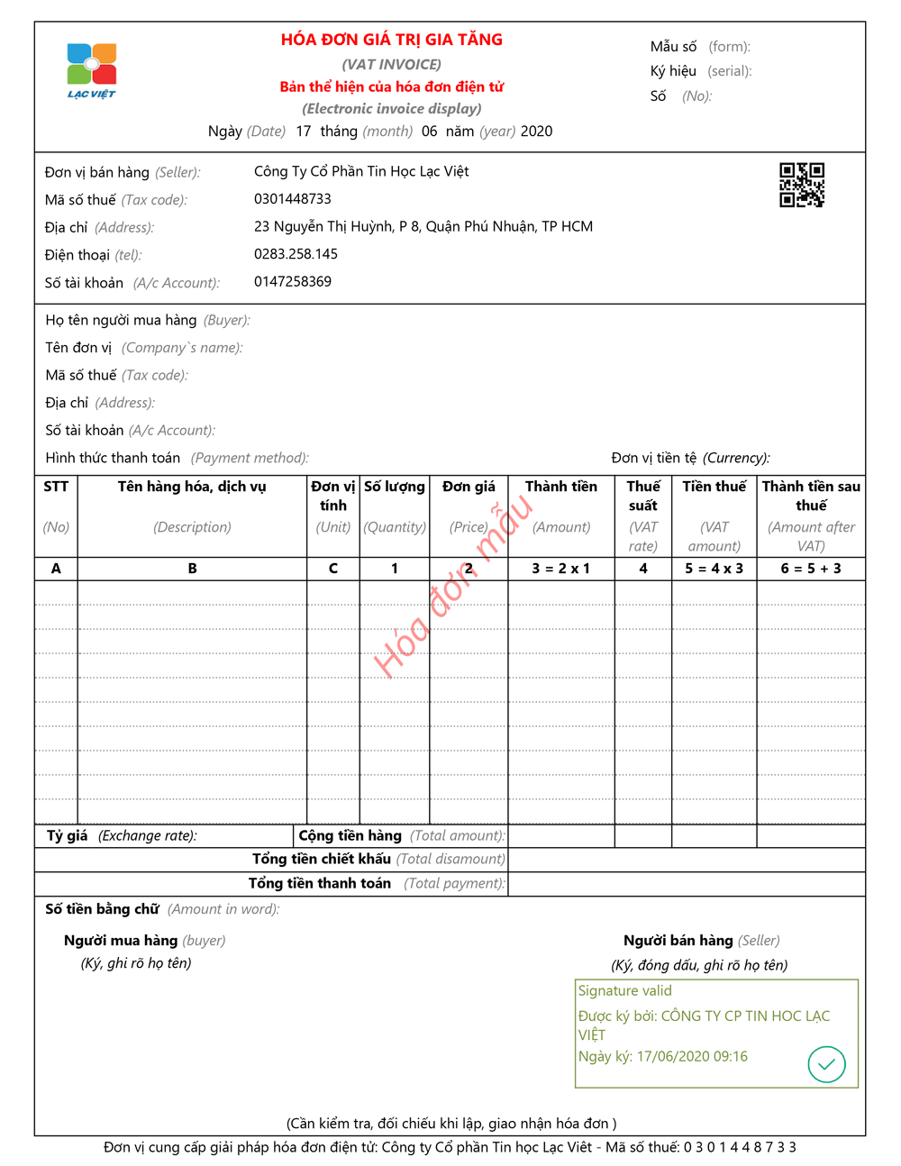 mẫu Invoice Lạc Việt