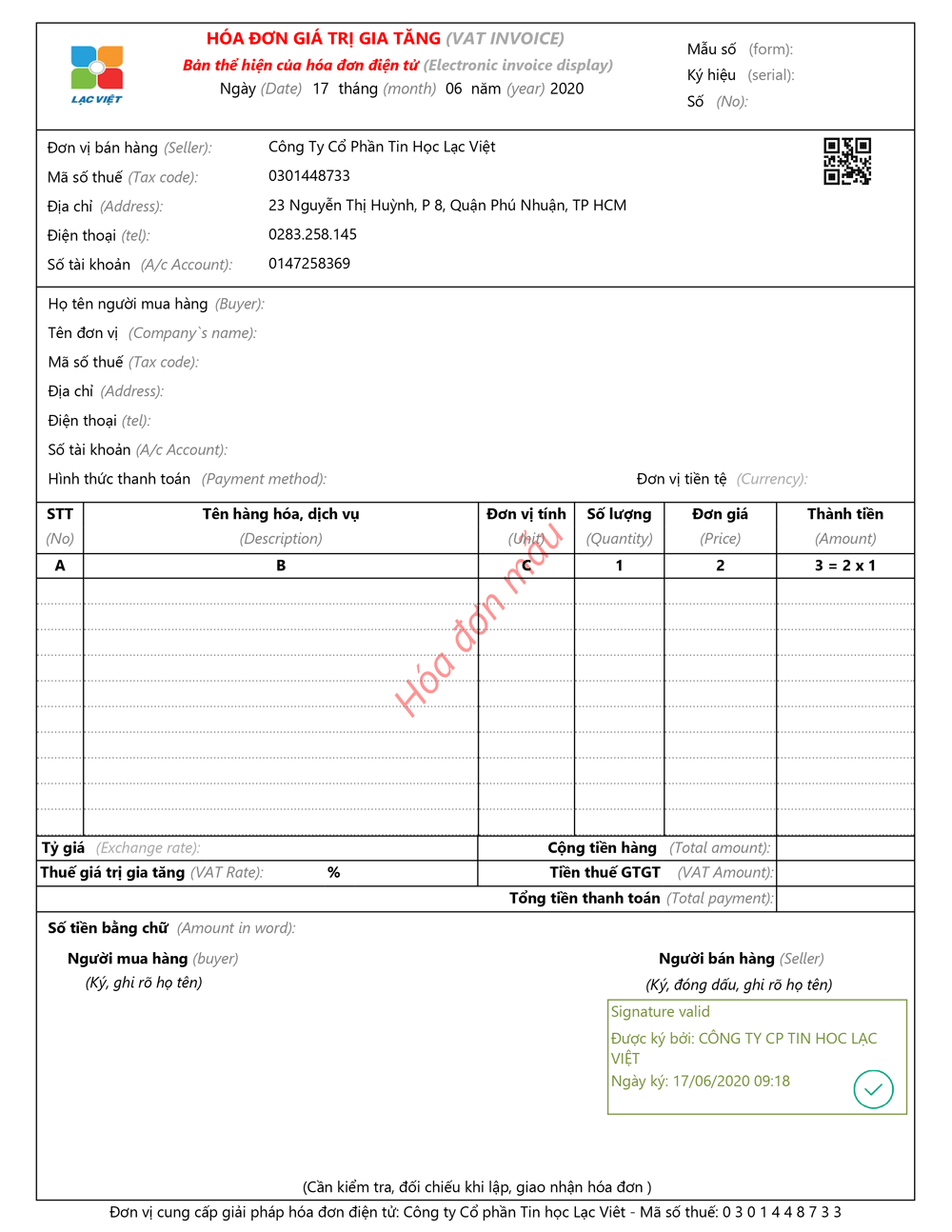 mẫu Invoice Lạc Việt