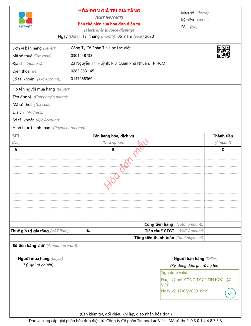 mẫu Invoice Lạc Việt