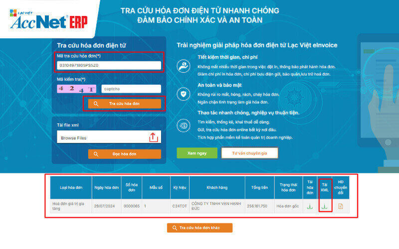 Copy mã hóa đơn bạn muốn tải file XML