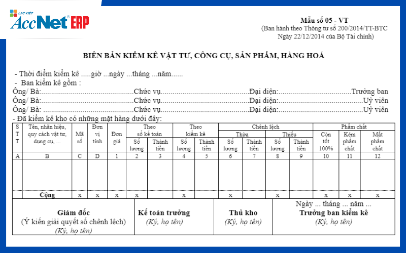 mẫu biên bản kiểm kê hàng tồn kho excel