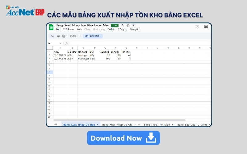 bảng xuất nhập tồn kho bằng excel